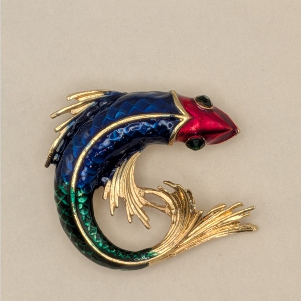 Vintage Enamel Koi Fish Brooch Gold Tone Blue Green Red Nautical Figural Pin 2in